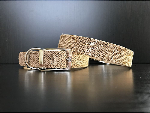 Beige Snake Skin with Holographic Details - Leather Dog Collar - Size L